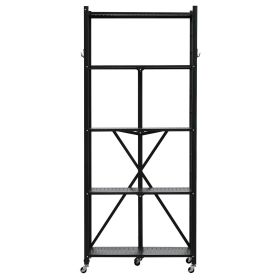 5-Tier Foldable Storage Shelf, 28W x 13D x 66H Inch Folding Metal Rack Shelving Unit, No Assembly Organizer Shelf with 5 Wheels & 4 Hooks for Pantry