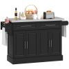 Portable Kitchen Island Cart, Black, on Wheels with Stainless Steel Top, Storage Cabinets, Spice Rack