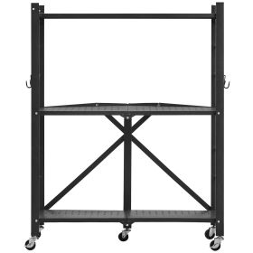 3-Tier Foldable Storage Shelf, 28W x 13D x 36H Inch Folding Metal Rack Shelving Unit, No Assembly Organizer Shelf with 5 Wheels & 4 Hooks for Pantry