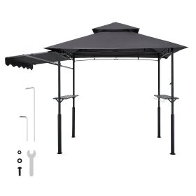Grill Gazebo, 8 x 5 ft Double-Tiered Top, Reinforced BBQ Gazebo with Extra Awning, Powder-Coated Steel Patio Grill Shelter with 2 Side Shelves & Hooks