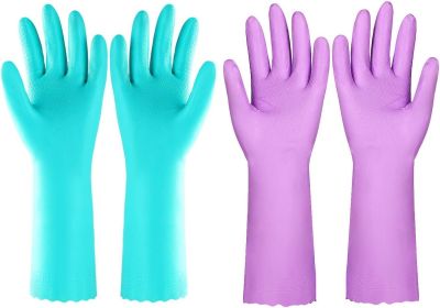 Reusable Dishwashing Cleaning Gloves with Latex free, Cotton lining,Kitchen Gloves 2 Pairs,Purple+blue Medium