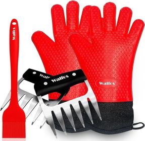 Silicone BBQ Gloves - Heat Resistant Grilling Gloves Set with Pork Shredder Claws & Brush
