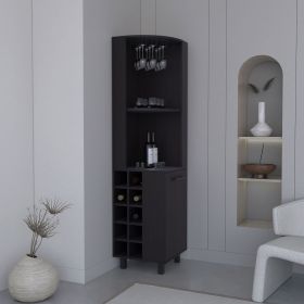 Kaia 70" Tall Corner Bar Cabinet With Four Shelves, Ten Wine Bottle Cubbies and Stemware in Black Wengue