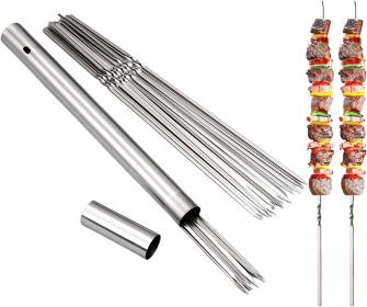 304 Stainless Steel 13.2" Long Flat Barbecue Skewers,20PCS/40PCS BBQ Kebab Skewers with Portable Metal Storage Tube