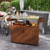 Outdoor Bar Cart with Storage, Stainless Steel Outdoor Bar Table Top, Wheeled HDPE Kitchen Island for Food Prep, Brown