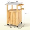 Outdoor Grill Cart w/ Stainless Steel Top, Solid Wood Outdoor Kitchen Island w/ Wheels, Integrated Hole, Natural Wood