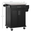 Rolling Kitchen Cart, Black, with Stainless Steel Countertop, Spice Rack, Island on Wheels