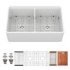 33" White Farmhouse Sink Workstation - 33 x 20 x 10 inch White Ceramic Porcelain Double Bowl Farm Kitchen Sink
