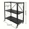 3Tier Heavy Duty Foldable Metal Rack Storage Rack, Removable Organizing Rack with Wheels, Suitable for Garage Kitchen, Black Kitchen Storage Rack