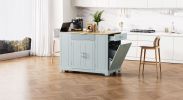 K&K Fluted Kitchen Island with Trash Can Storage Cabinet, Power Outlet, Internal Storage Rack, Rolling Kitchen Islands on 5 Wheels with 3 Drawer